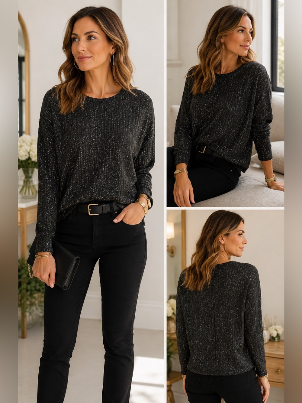 Zara gray metallic glitter gold long sleeve knit sweater size medium